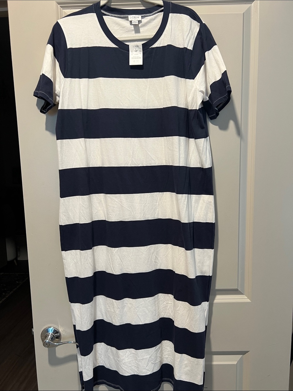 J. Crew Navy and White Striped Short Sleeve Midi Dress - Picture 3 of 11